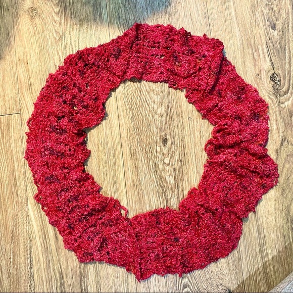 Handknit Handmade Cozy Red Infinity Scarf 33" x 5" - Picture 2 of 5